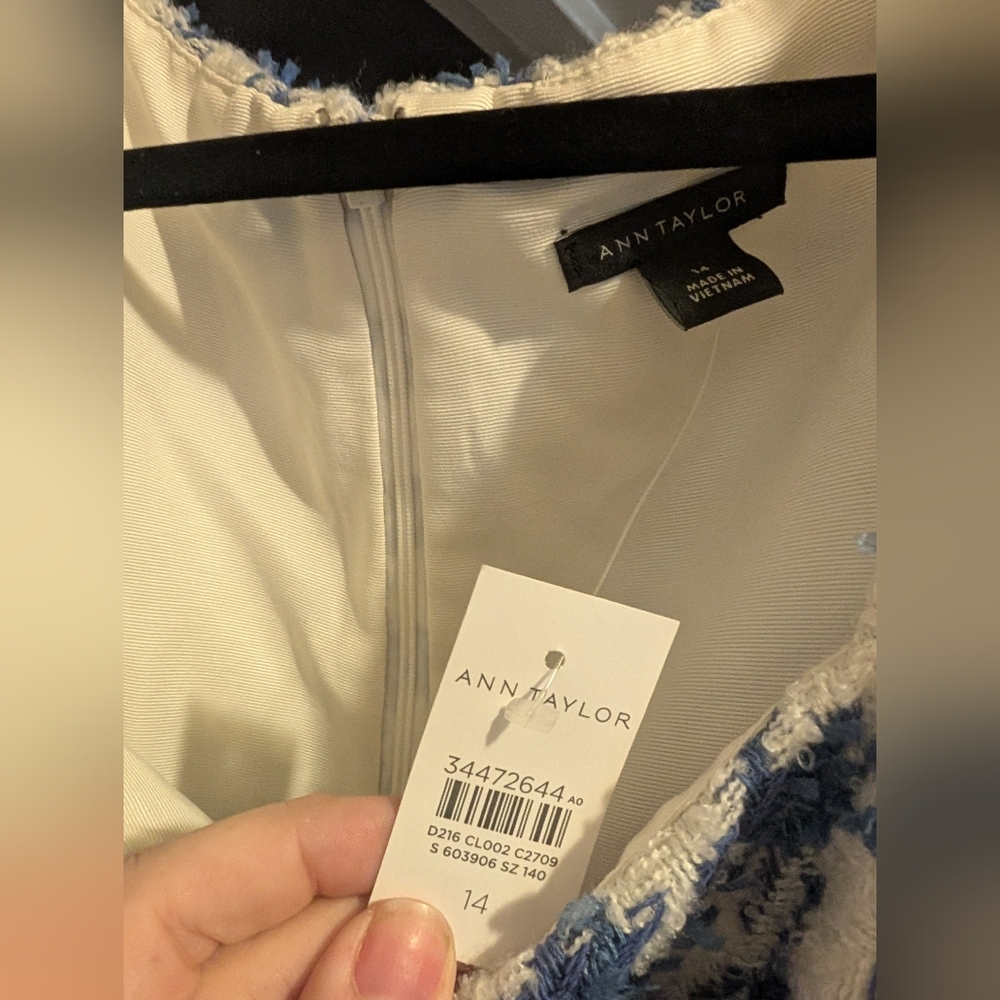 Ann Taylor Square Neck Blue and White Midi Sheath Dress - Picture 4 of 7